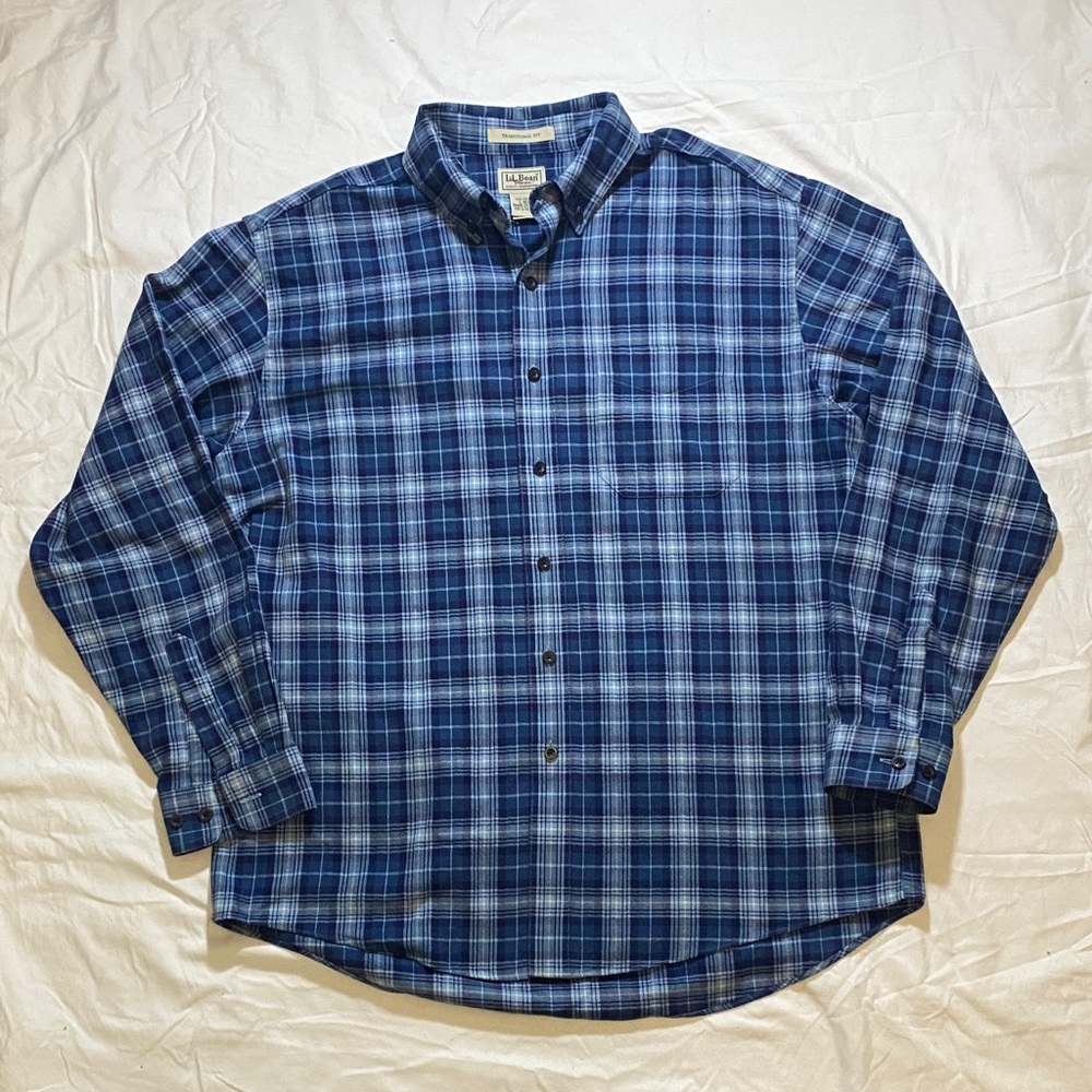 L.L. Bean Navy and White Plaid Button Down Shirt